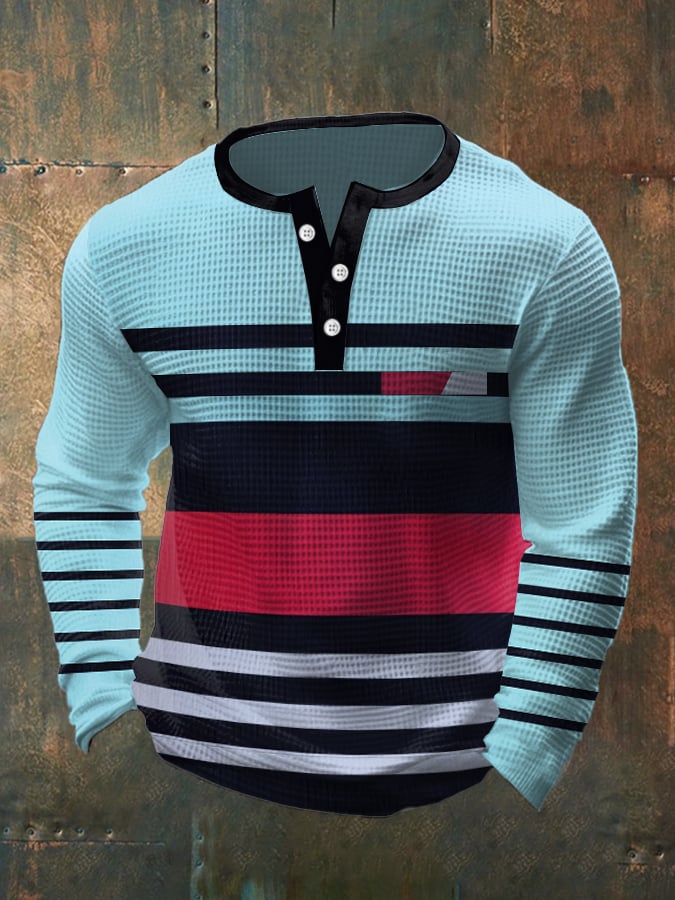 Camiseta vintage Waffle Color Patch Henley Neck para hombre