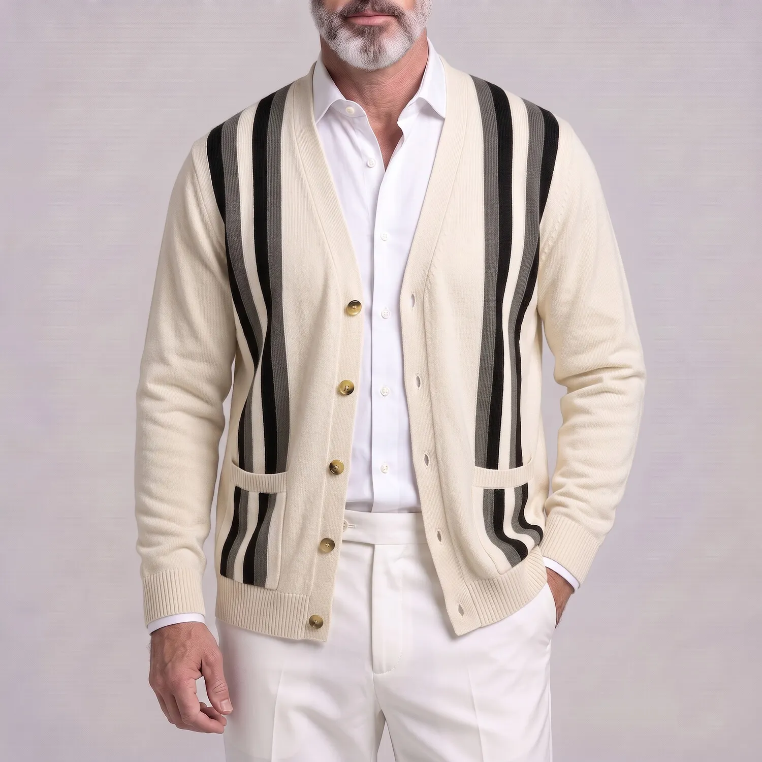 para hombre clásico Contrast a rayas V Neck Single Breasted Patch Pockets tejidoted Cardigan