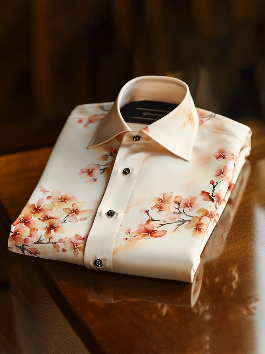 Camisa satén de lujo vintage ejecutivo de manga larga para hombre