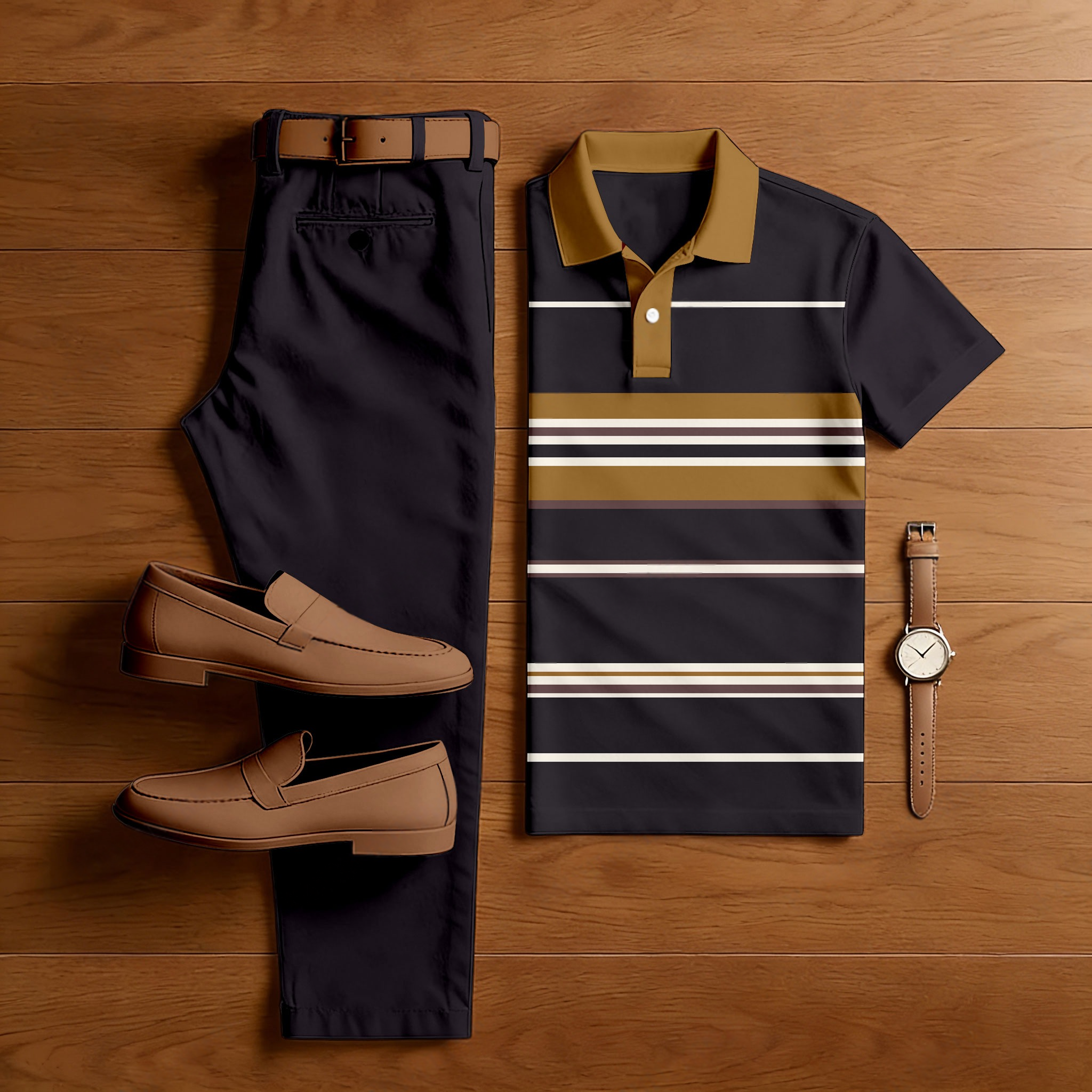 Conjunto de dos piezas casual Black & Ginger Color Matching a rayas estampado de manga corta camisa polo & Trousers para hombre