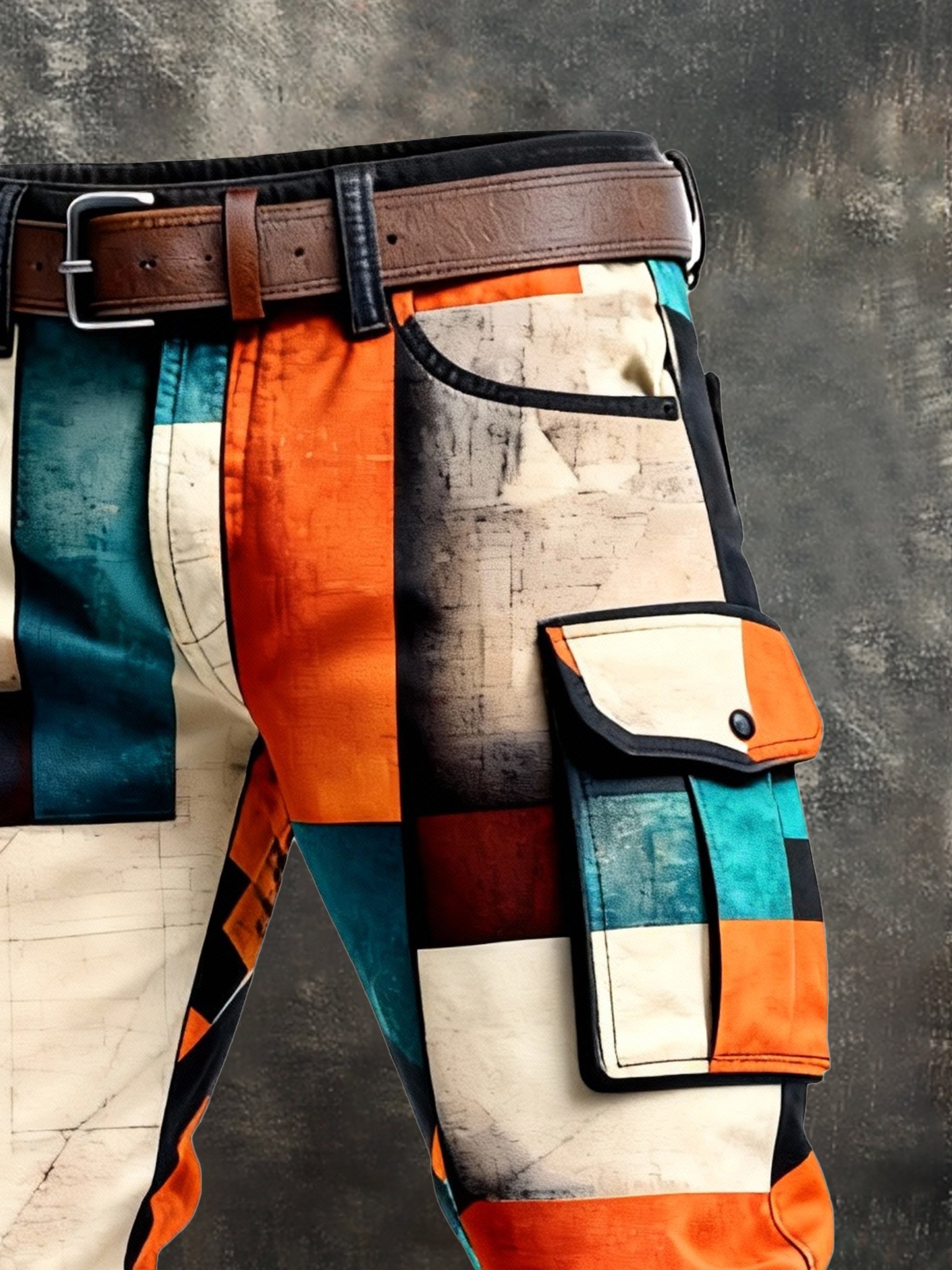 Pantalón retro en bloques de color desgastado bolsillo Cargo para hombre