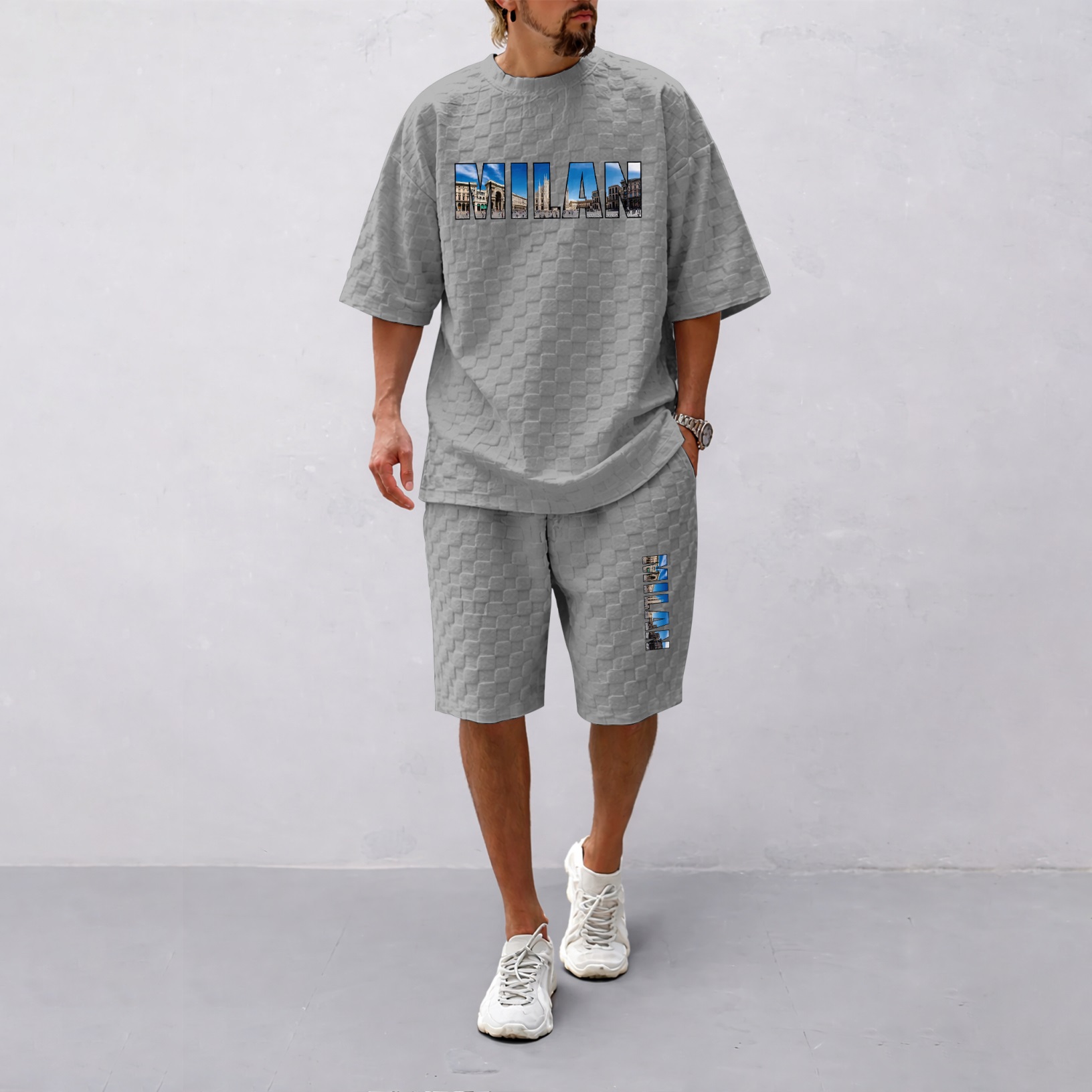Camisa Spring and Summer Milan Letter estampado Checkered Fabric Drawstring shorts Set, casual Summer Outfit with de manga corta and shorts, Ideal for Everyday Wear and Sports Activities para hombre