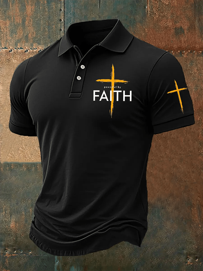 Camisa polo vintage Faith “Faith Over Fear” estampado casual para hombre
