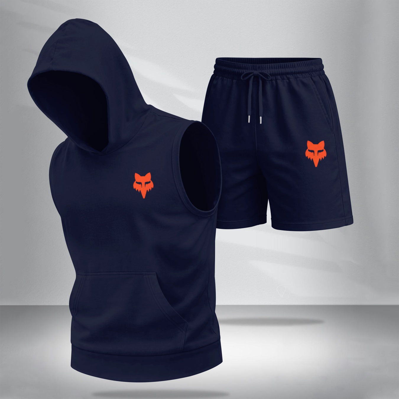 Conjunto de dos piezas : retro-estampado Hooded Vest & shorts — Regular Fit, casual Sporty Style, Sleeveless Top & shorts; Summer Apparel para hombre