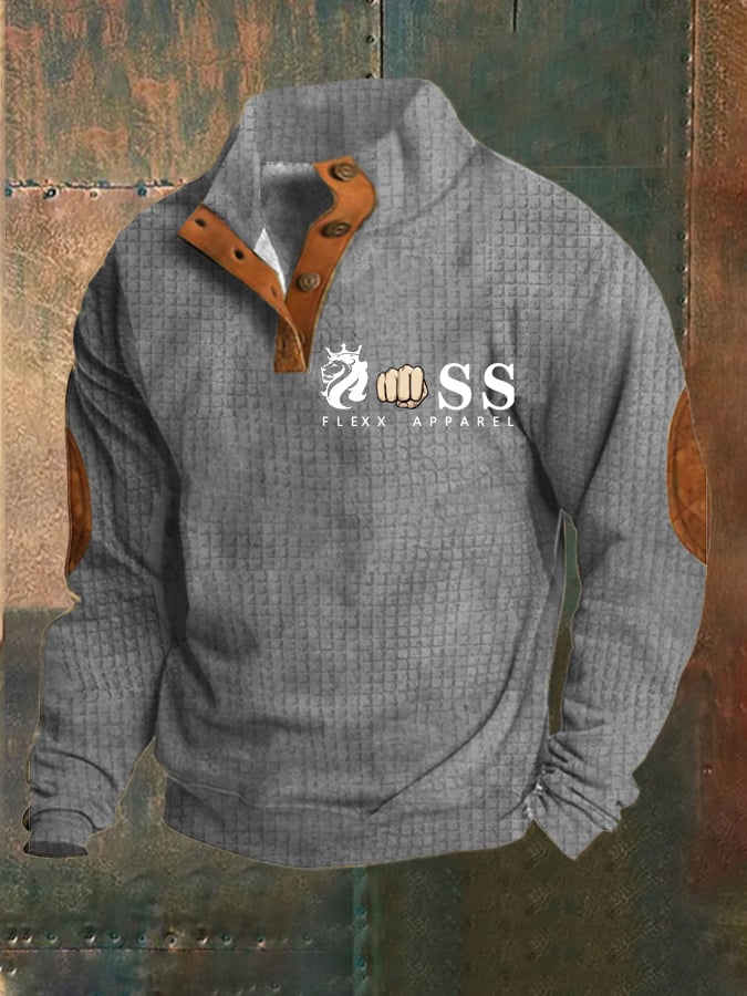 Sudadera vintage Lettering estampado Stand cuello Check Button para hombre