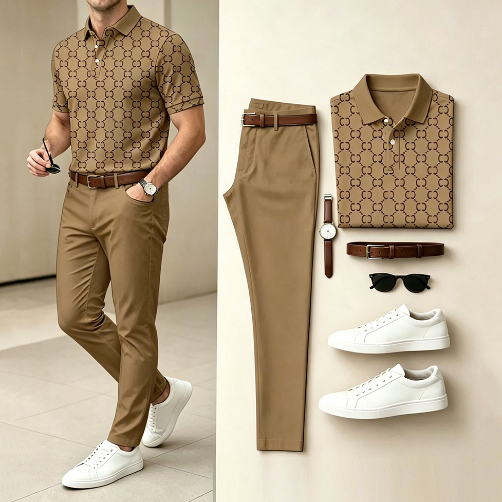 Conjunto de dos piezas casual Brown a cuadros estampado camisa polo And pantalón para hombre