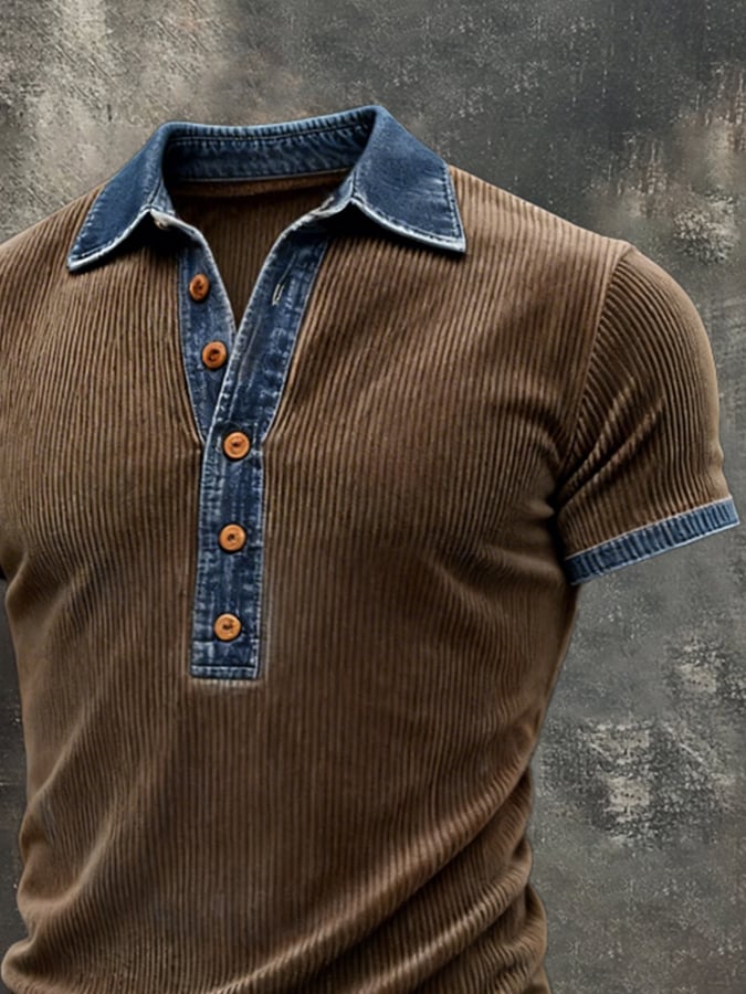 Retro desgastado Patchpara trabajo mezclilla en bloques de color de manga corta Top para hombre