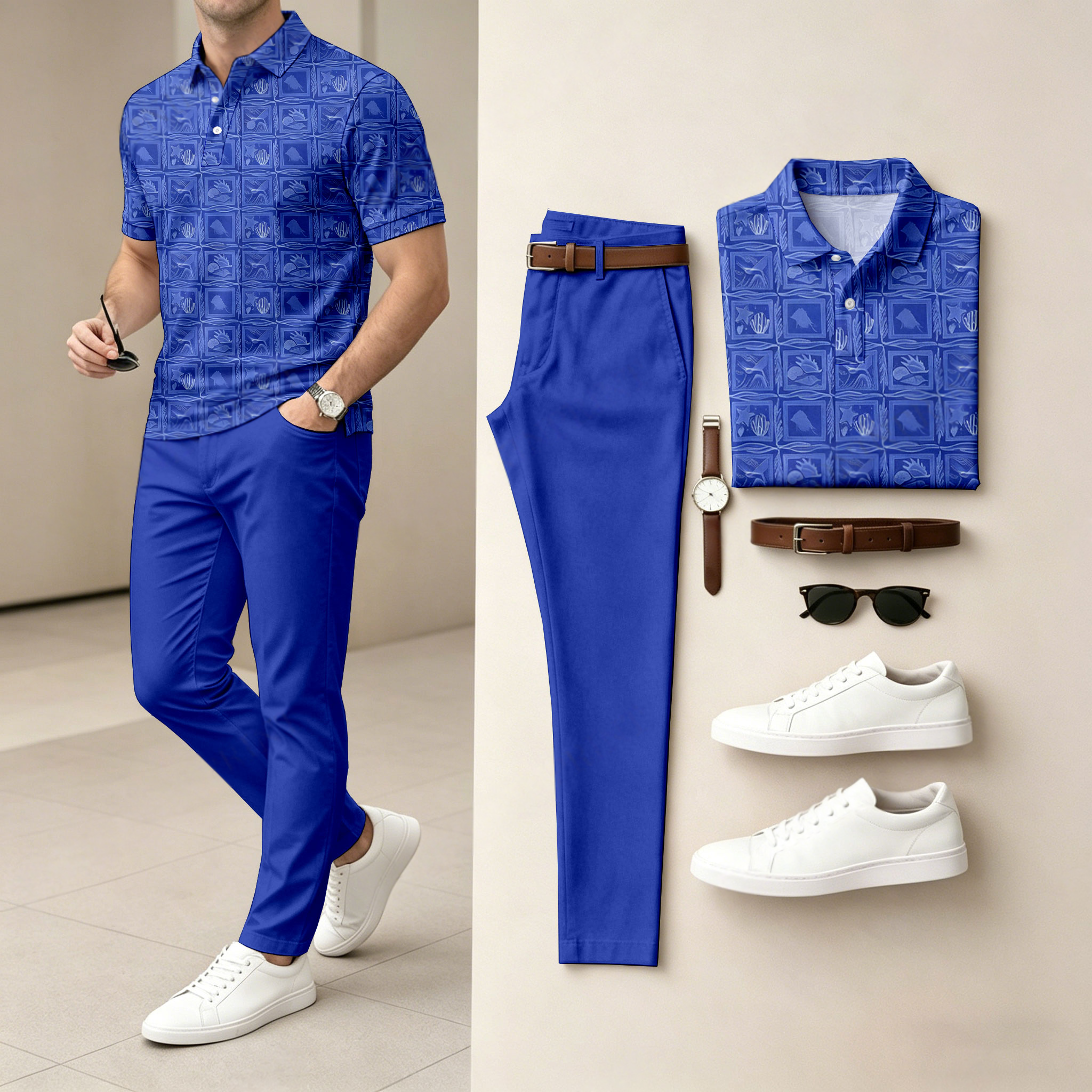 Camisa polo casual Colorful Diamond-Patterned de manga corta And pantalón Set (Excludes Accessories Such As Watches And Belts) para hombre