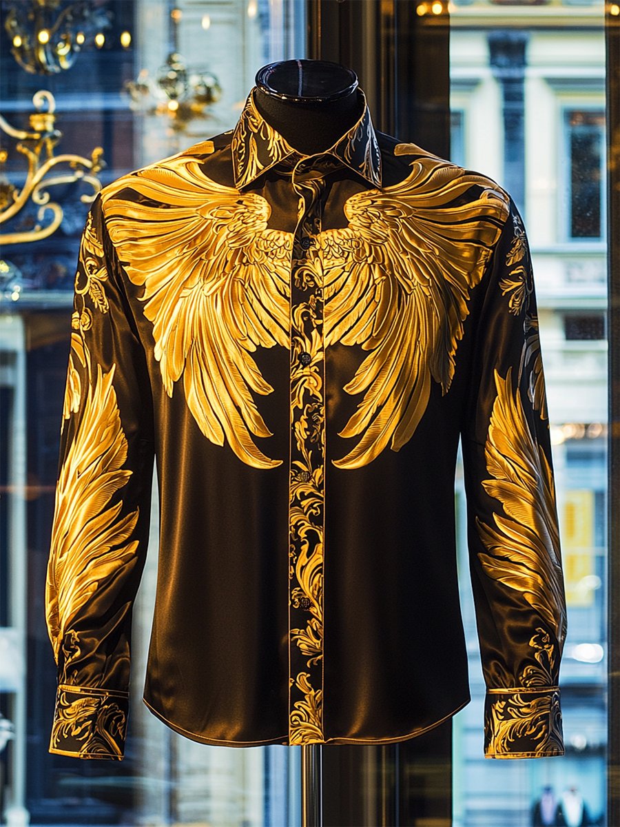 Camisa satén Luxe Wings de manga larga con botones para hombre