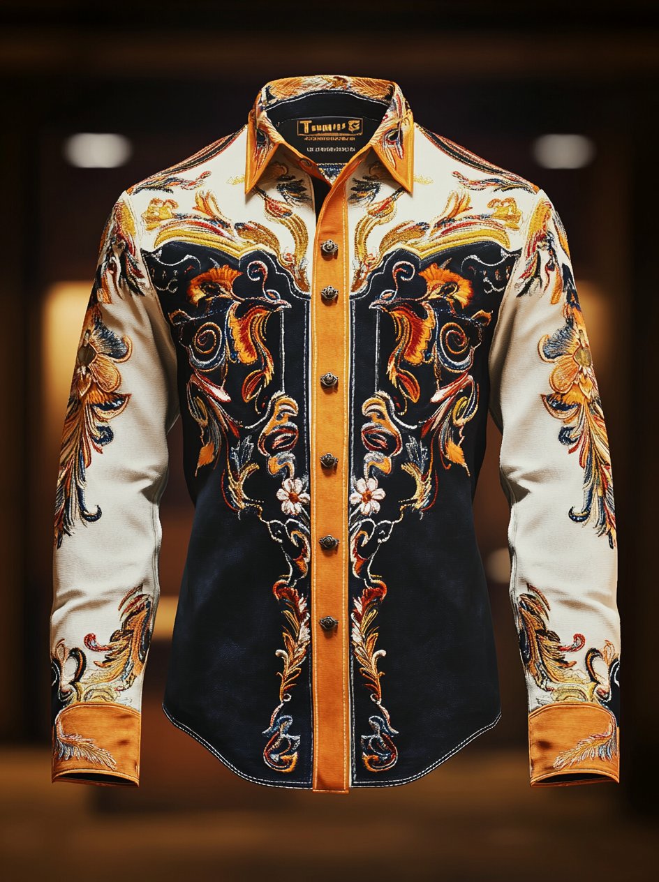 Camisa Western vintage Indian Totem estampado de manga larga para hombre