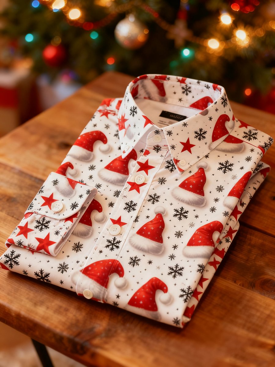 Camisa ejecutivo Christmas sombreros estampado de manga larga para hombre
