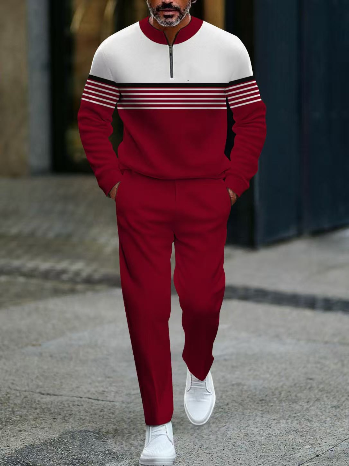 Conjunto de dos piezas casual Red & White Color Matching a rayas estampado Round-Neck Zipper de manga larga sudadera & Trousers para hombre