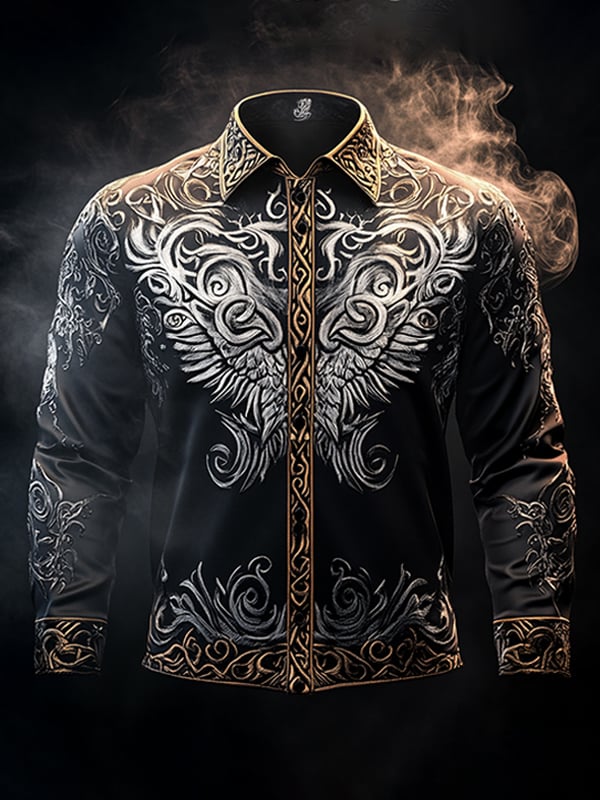 Camisa vintage Viking estampado de manga larga para hombre
