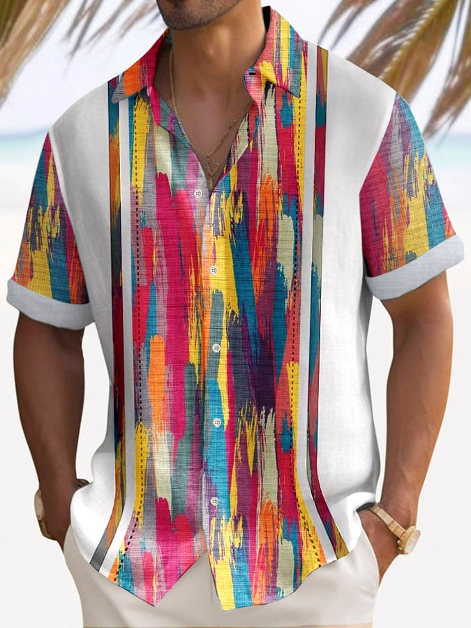 Camisa de moda casual Vacation Art Oil Painting Contrast estampadoing de manga corta