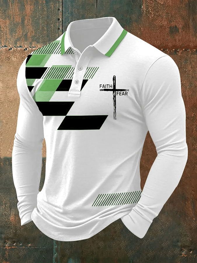 Camisa polo vintage Faith“Faith Over Fear” estampado casual de manga larga para hombre