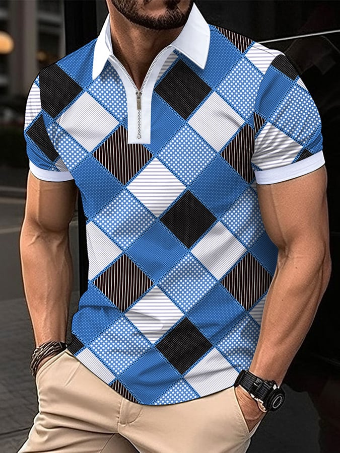Camisa polo retro a cuadros estampado casual para hombre