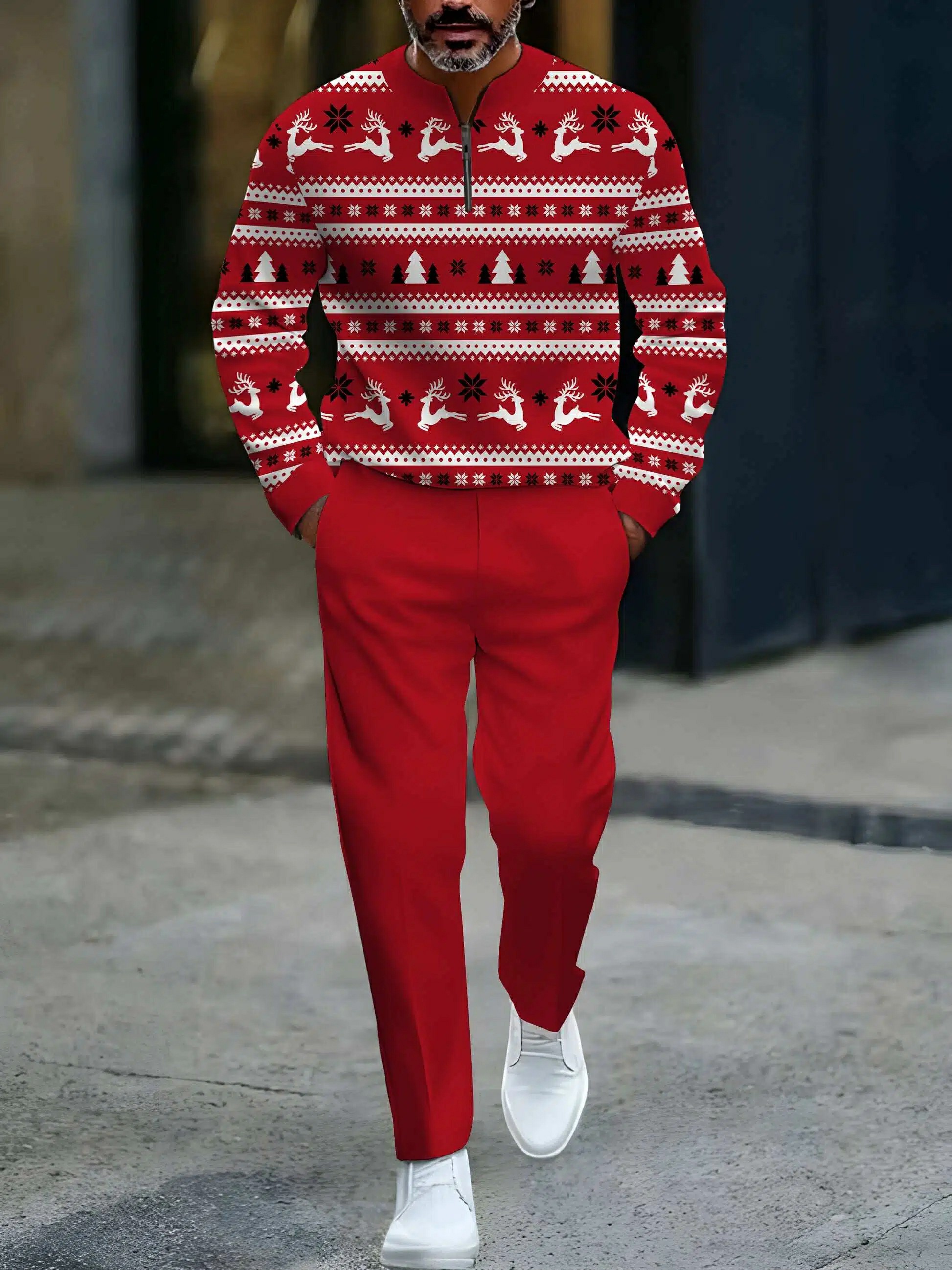 Conjunto de dos piezas Red & White Color Matching Elk Christmas estampado Round-Neck Zipper de manga larga sudadera & Trousers para hombre