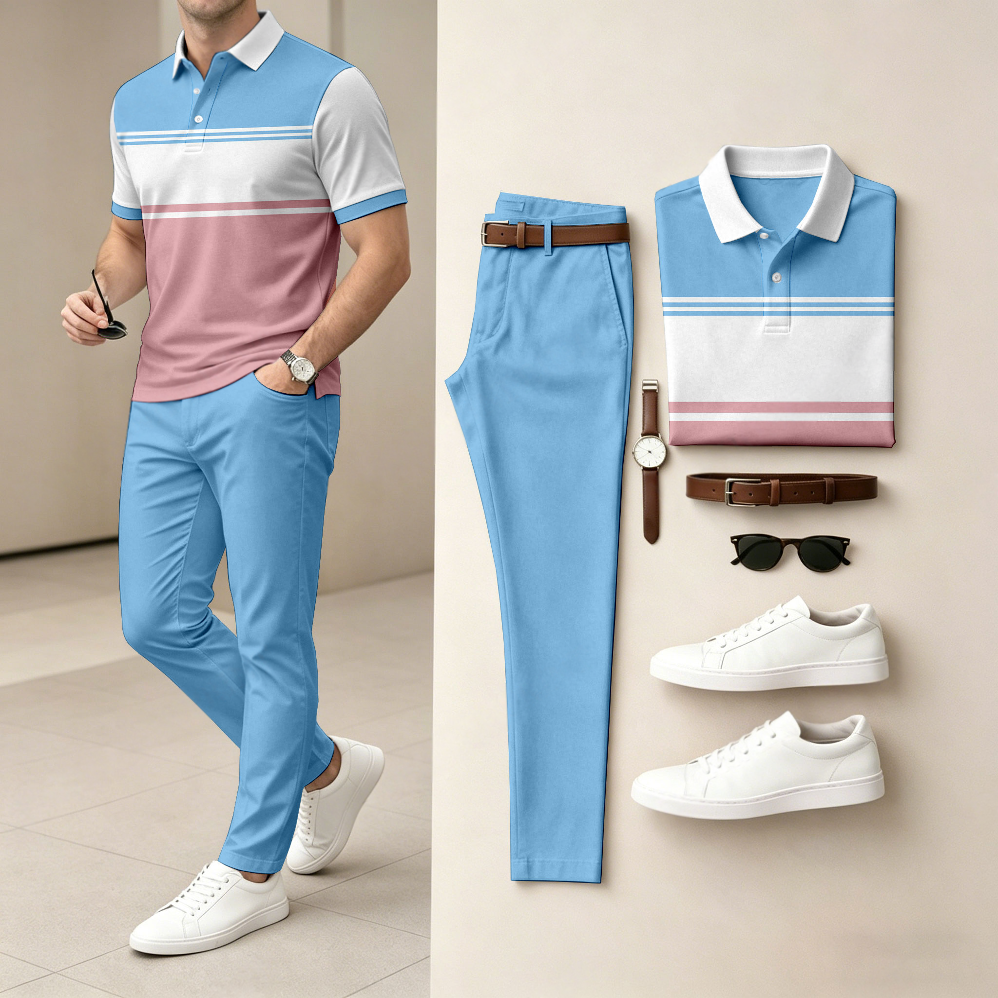 Camisa polo casual Horizontal a rayas Color-Block estampado de manga corta And pantalón Set (Excludes Accessories Such As Watches And Belts) para hombre