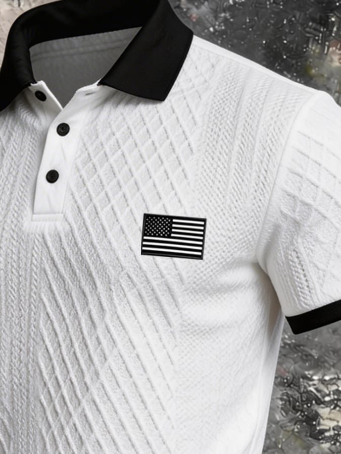 Retro Textured Color-Blocked Polo Collar de manga cortas para hombre