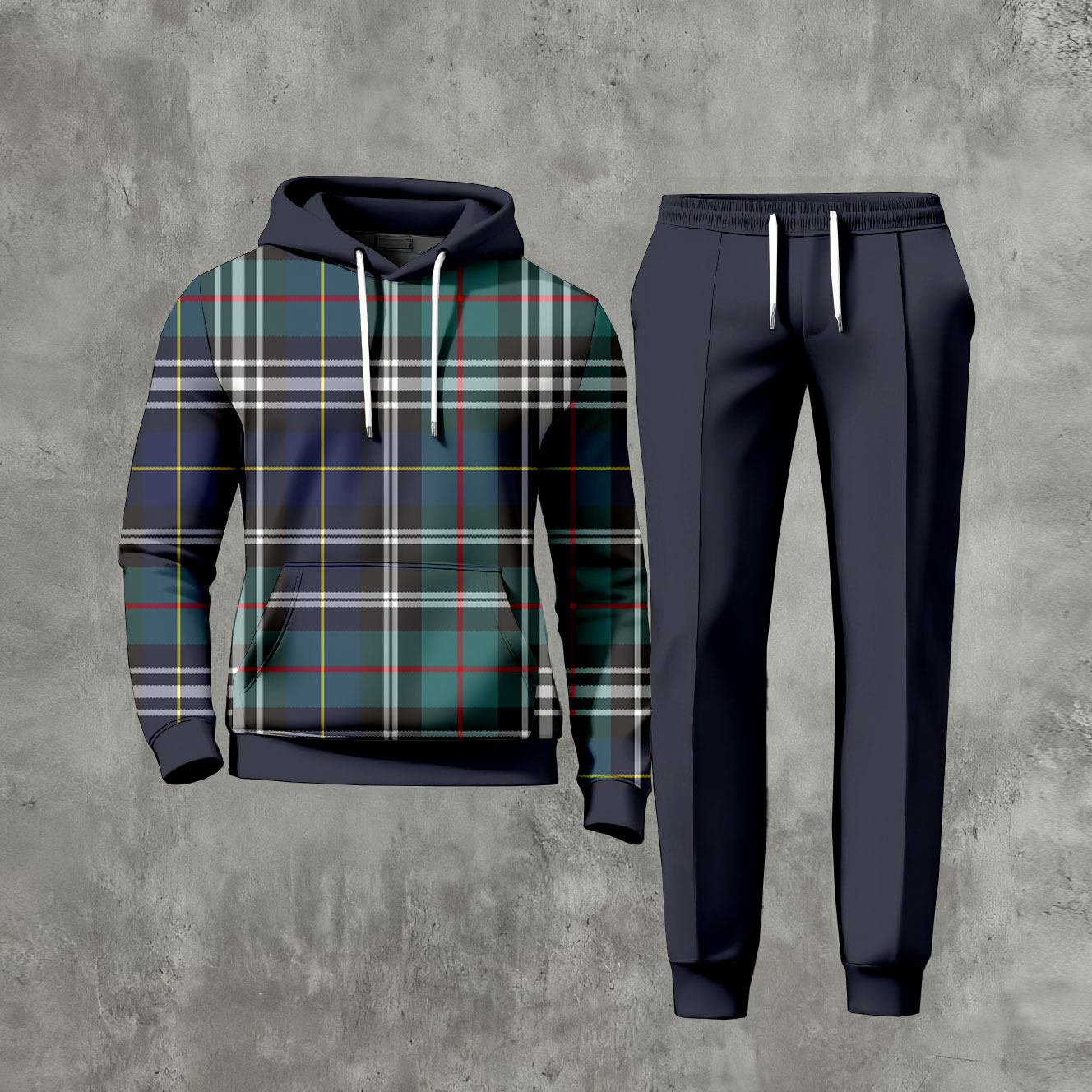 Conjunto de dos piezas casual Color Matching Checked estampado de manga larga sudadera con capuchas sudadera & Trousers Navy Blue para hombre