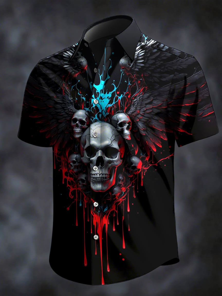 Camisa retro Horror Skull estampado solapa de manga corta para hombre