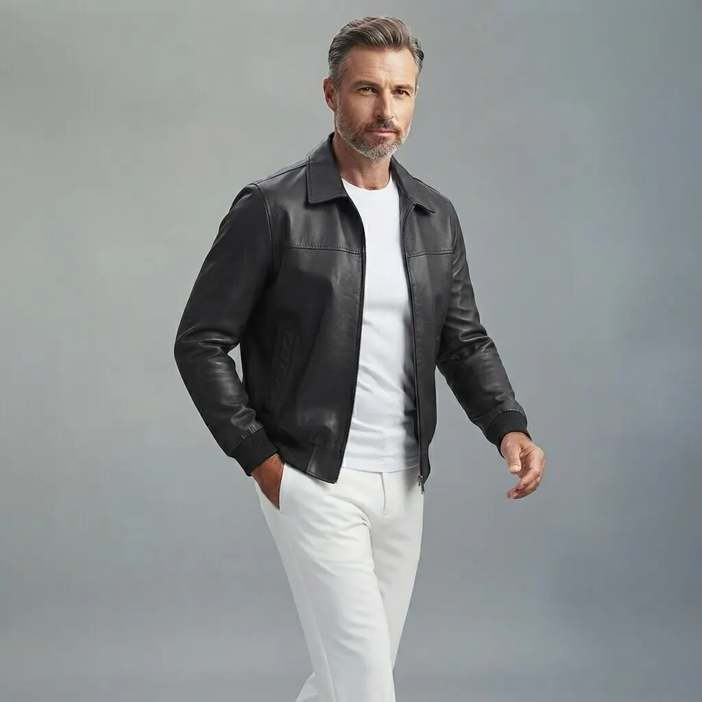para hombre Plain PU Leather Turndown Collar Slant Pockets Slim con cierre Bomber chaqueta