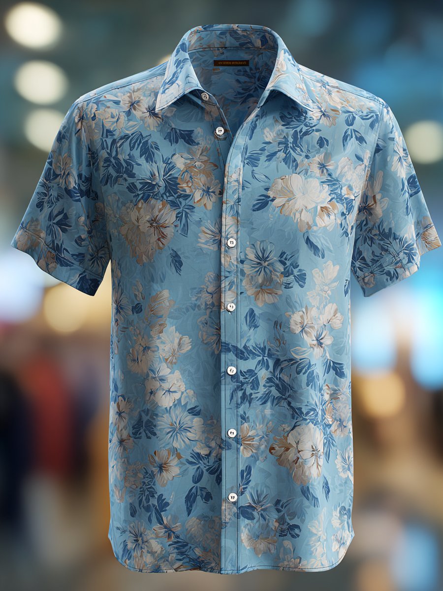Camisa ejecutivo casual floral estampado solapa de manga corta para hombre