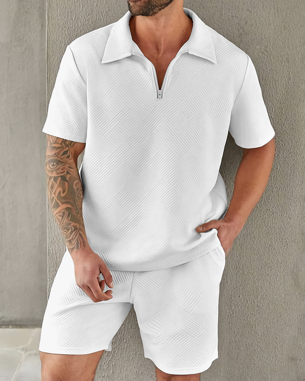 Suitmens clásico Elegant Simple Plain Texture Zipper Polo Set