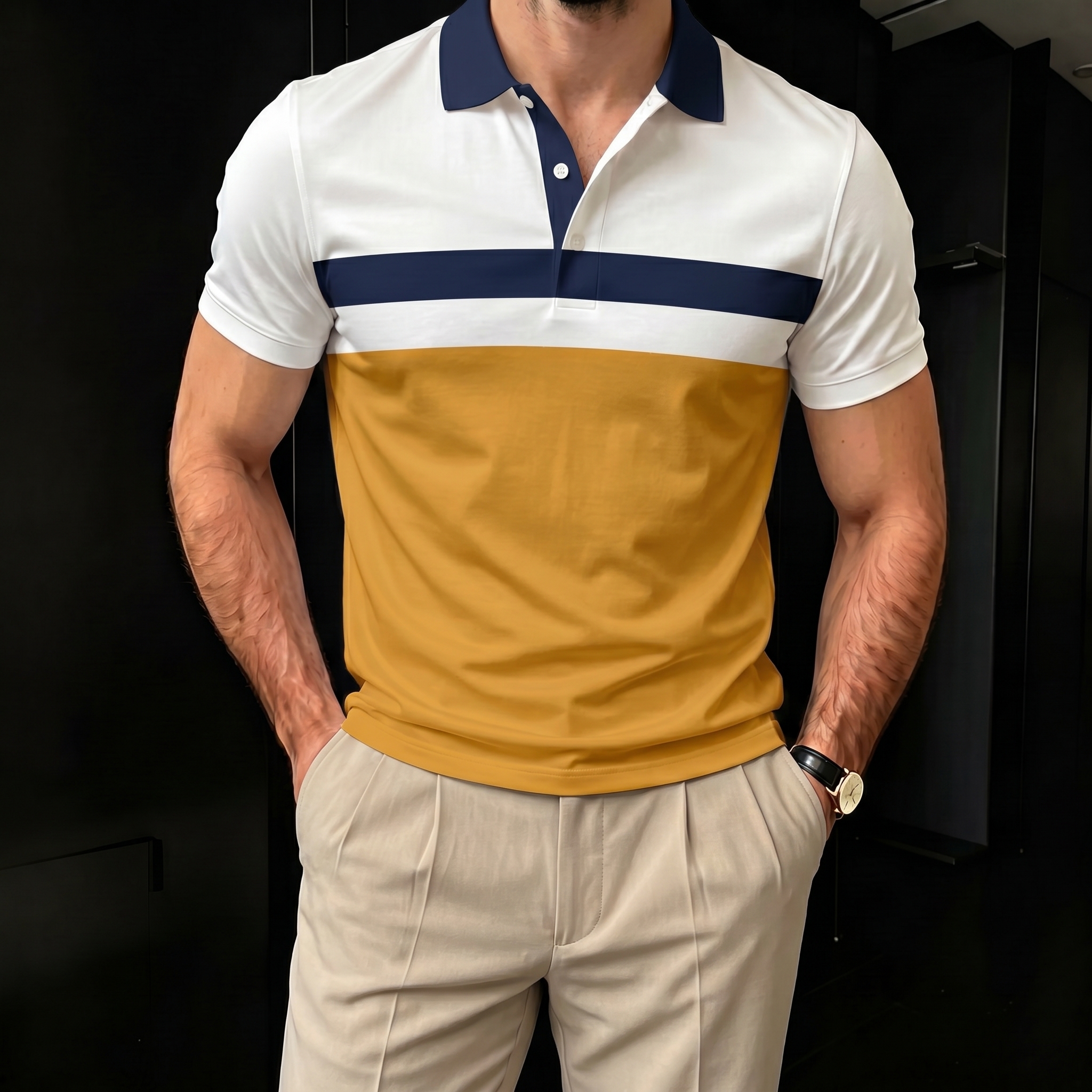 Camisa polo casual Yellow And White Splice para hombre