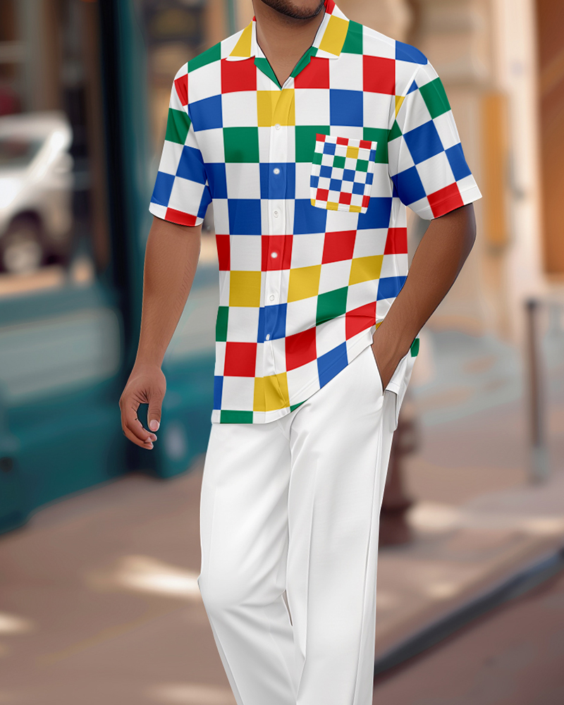 Camisa retro Colorblock de manga corta Walking Suit 1153 para hombre