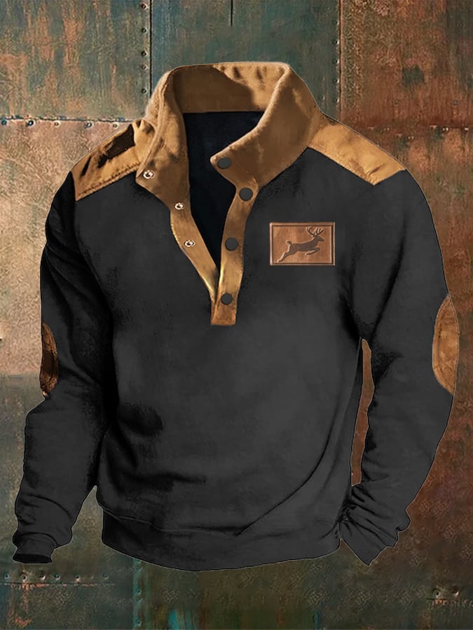 Sudadera Western Style Elk estampado Deerskin terciopelo Patchpara trabajo Stand-cuello para hombre