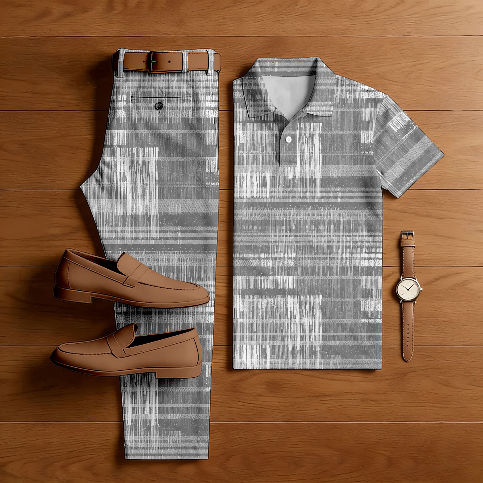 Conjunto de dos piezas casual Gray Color Matching retro estampado de manga corta camisa polo & Trousers para hombre