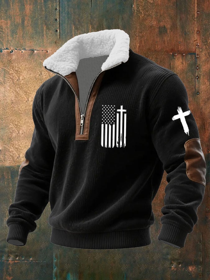 Sudadera Flag Cross estampado tejidoted Fabric cierre Fur cuello para hombre