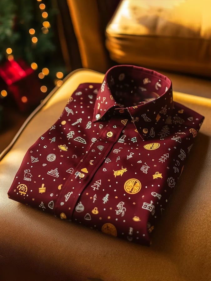 Camisa de lujo Christmas Contrast Color estampado de manga larga para hombre