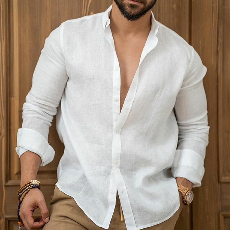 Camisa de lino Summer camisa Beach Wear casual camisa Button Up camisa Plain casual para uso diario Black White Pink Navy Blue de manga larga solapa Spring & Summer Clothing Apparel para hombre - vista 11