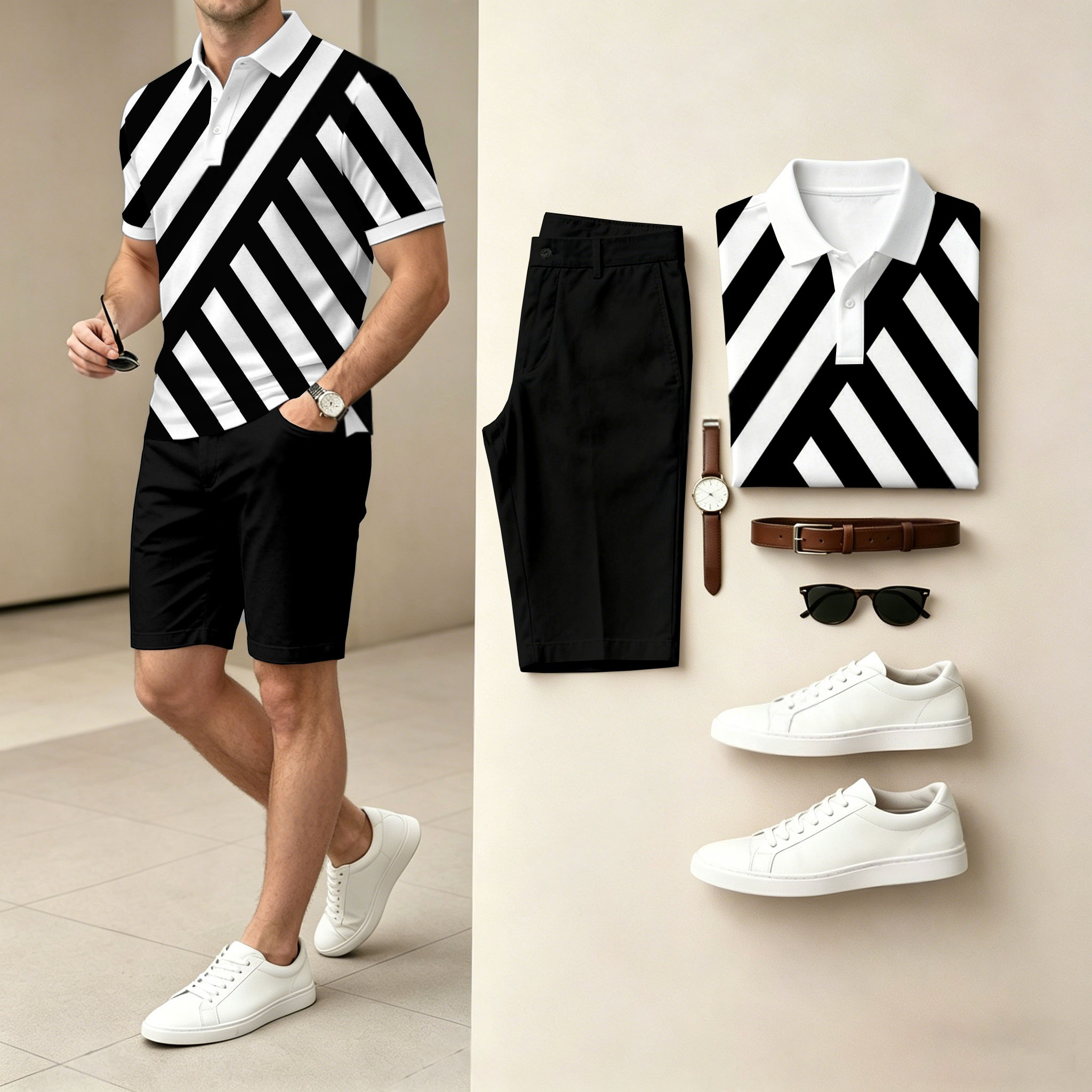 Conjunto de dos piezas casual a rayas estampado camisa polo And shorts (Does Not Include Watch, Belt, Or Accessories) para hombre