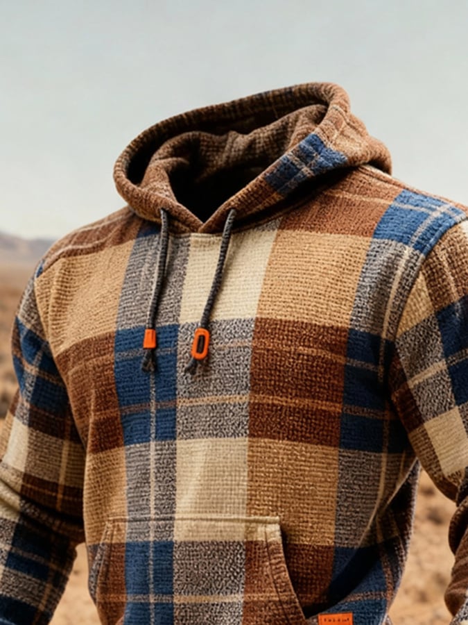 Sudadera retro a cuadros Contrast Color Hooded para hombre