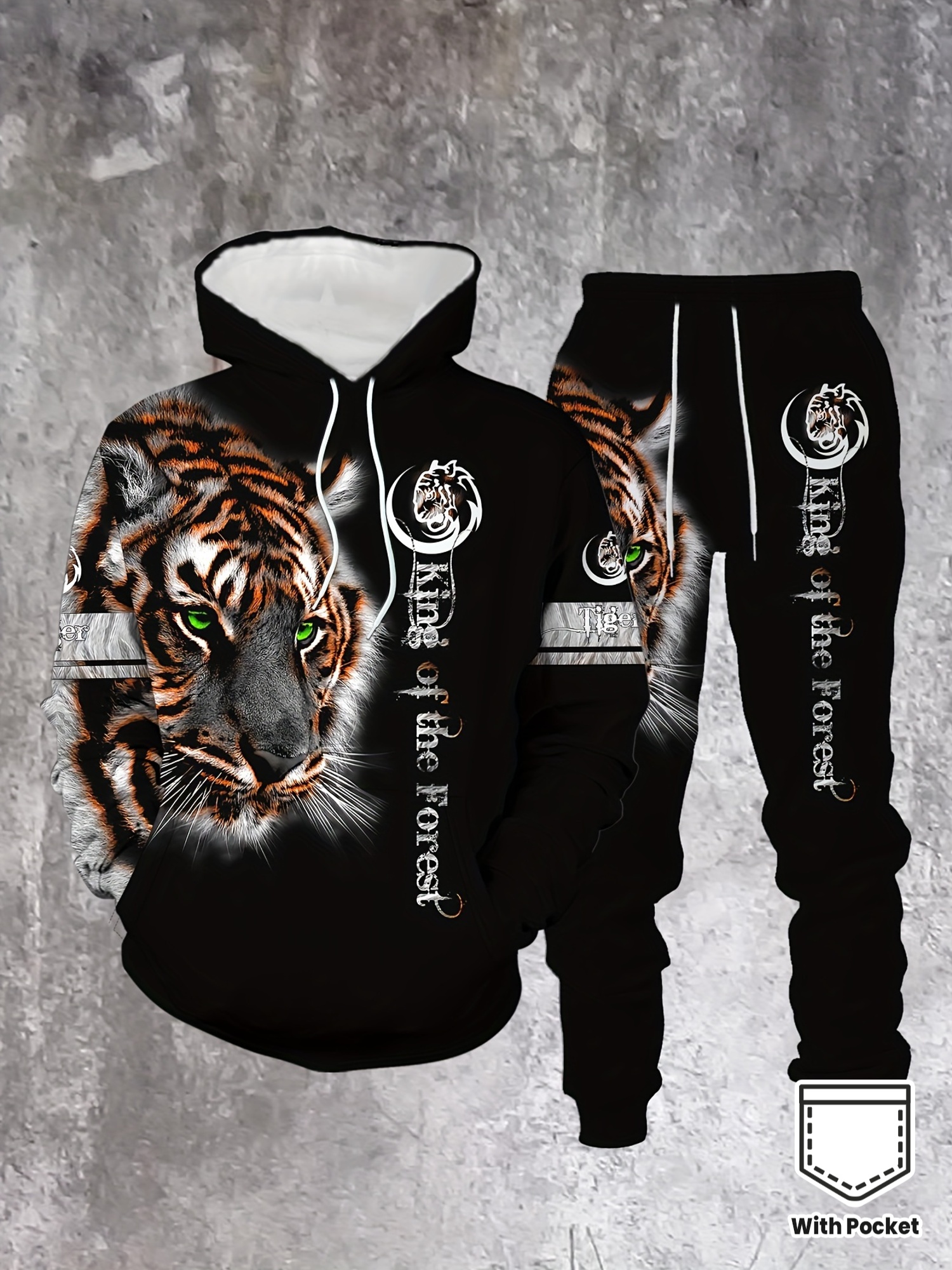 Conjunto de dos piezas casual Color "King Of The Forest" Tiger estampado sudadera con capuchas de manga larga sudaderas & Sweatpantalón para hombre