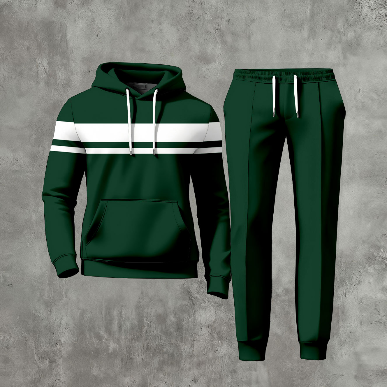 Conjunto de dos piezas casual Dark Green White Color Matching estampado de manga larga sudadera con capuchas sudadera & Trousers para hombre