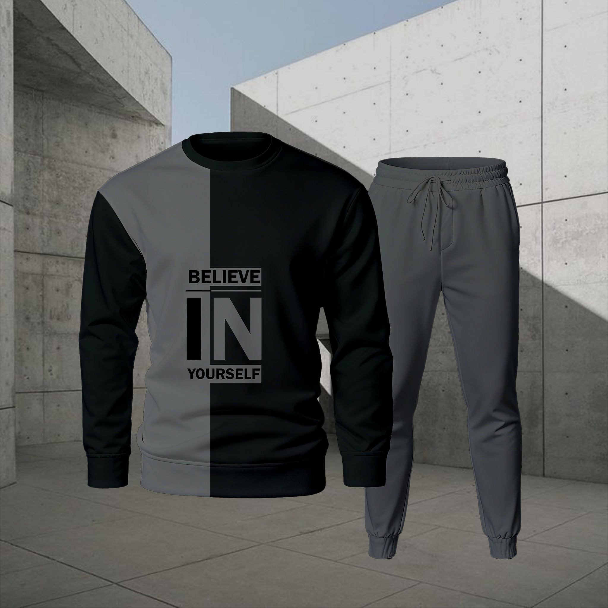 Conjunto de dos piezas casual Color Matching estampado Round-Neck de manga larga sudaderas Trousers para hombre