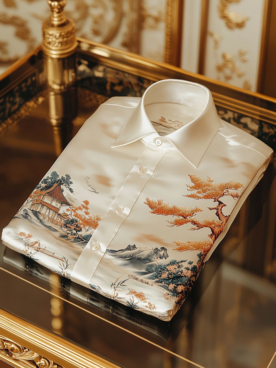 Camisa satén de lujo ejecutivo Ukiyo-E de manga larga para hombre