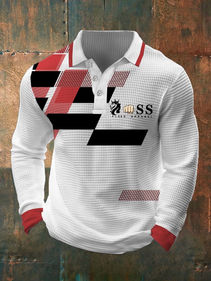 Camisa polo retro Letter Design Waffle Fabric de manga larga para hombre