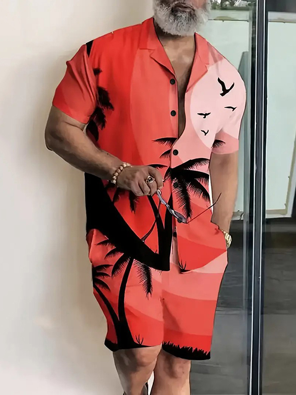 Conjunto de dos piezas Hawaii Vacation estampado Lapel Collar de manga corta para hombre