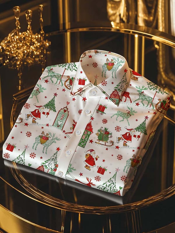 Camisa de lujo Christmas Contrast Color estampado de manga larga para hombre