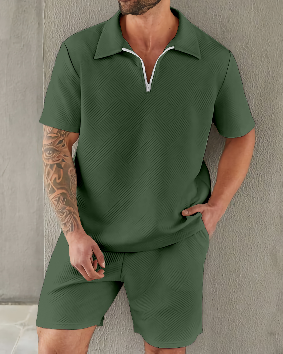 Suitmens clásico Elegant Simple Plain Texture Zipper Polo Set