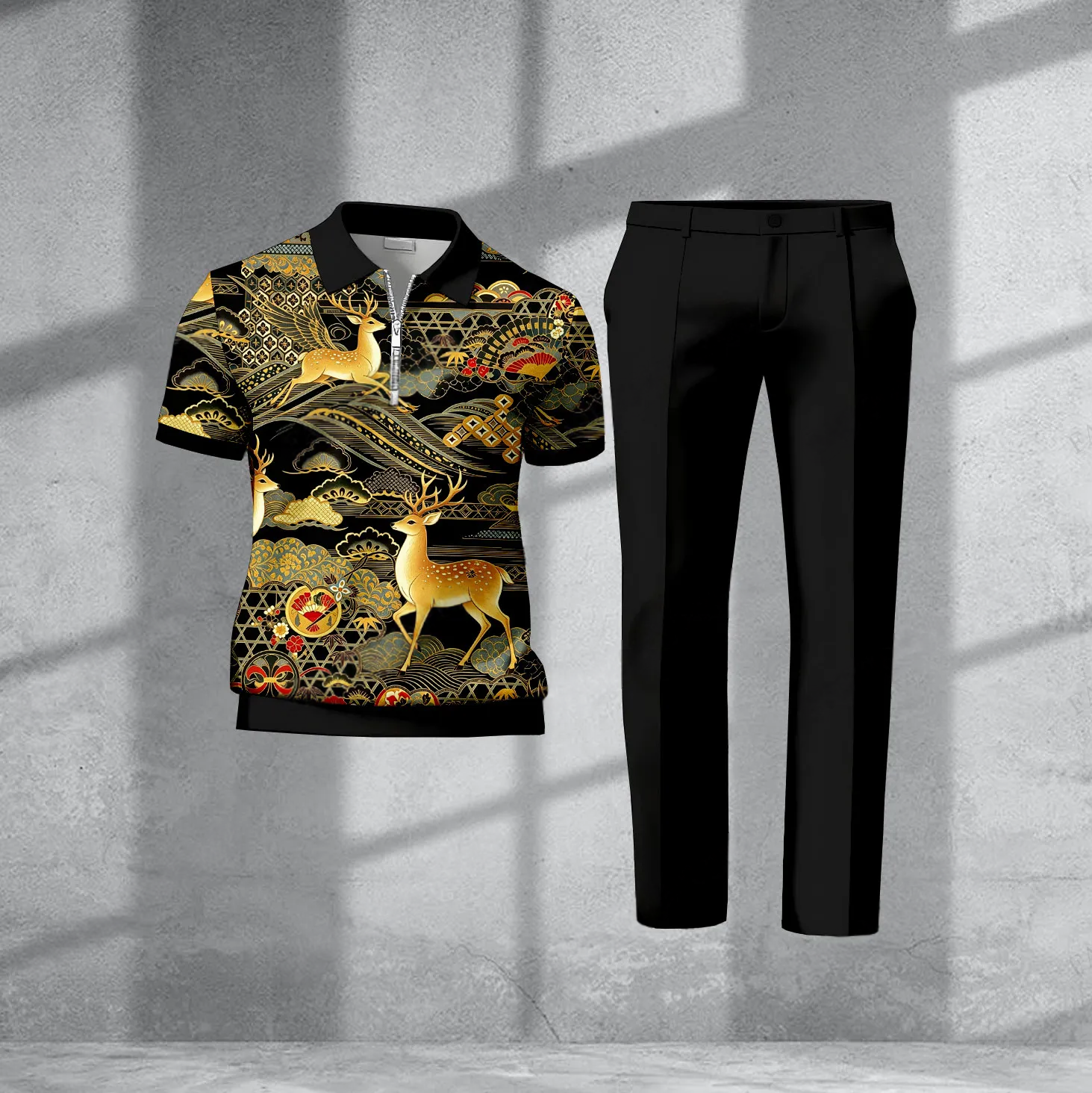 Conjunto de dos piezas casual Black Deer : a rayas de manga corta Top And Zip-Detail Trousers para hombre