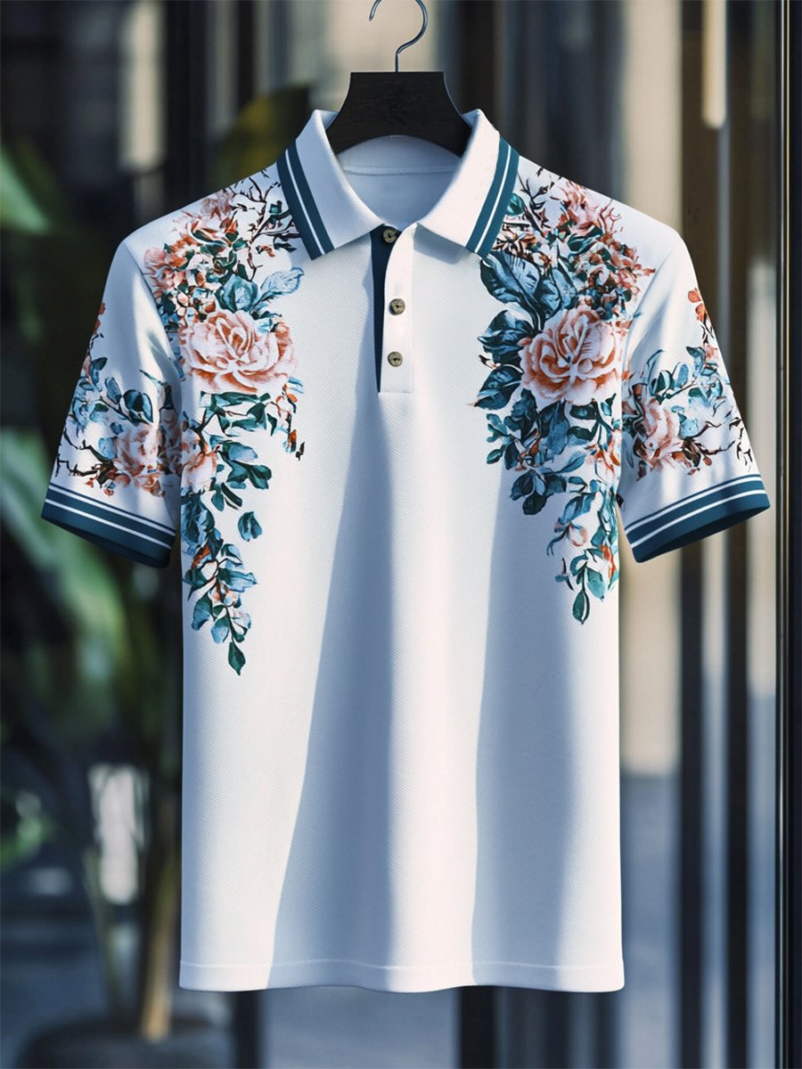 Camisa polo casual Festive floral estampado Button de manga corta para hombre