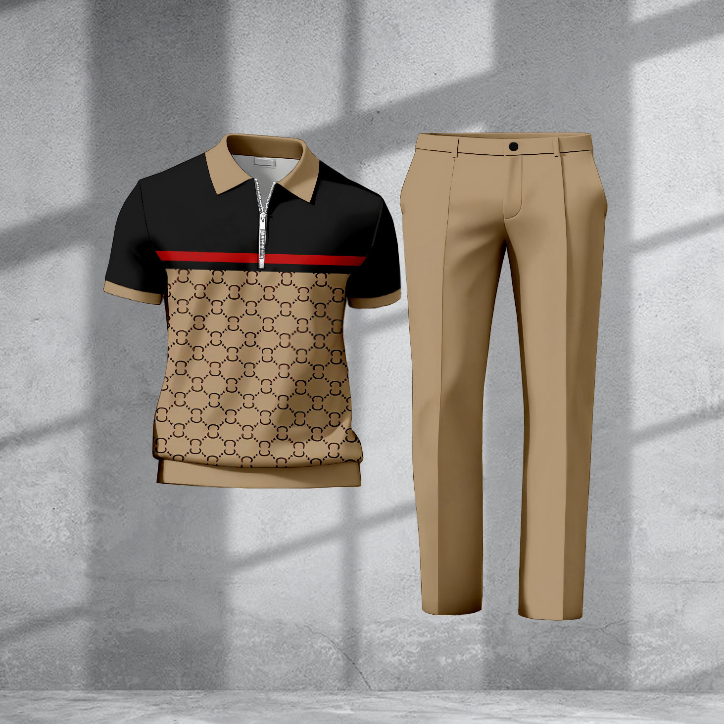 Conjunto de dos piezas casual Brown a cuadros estampado Polo de manga corta camiseta And pantalón para hombre