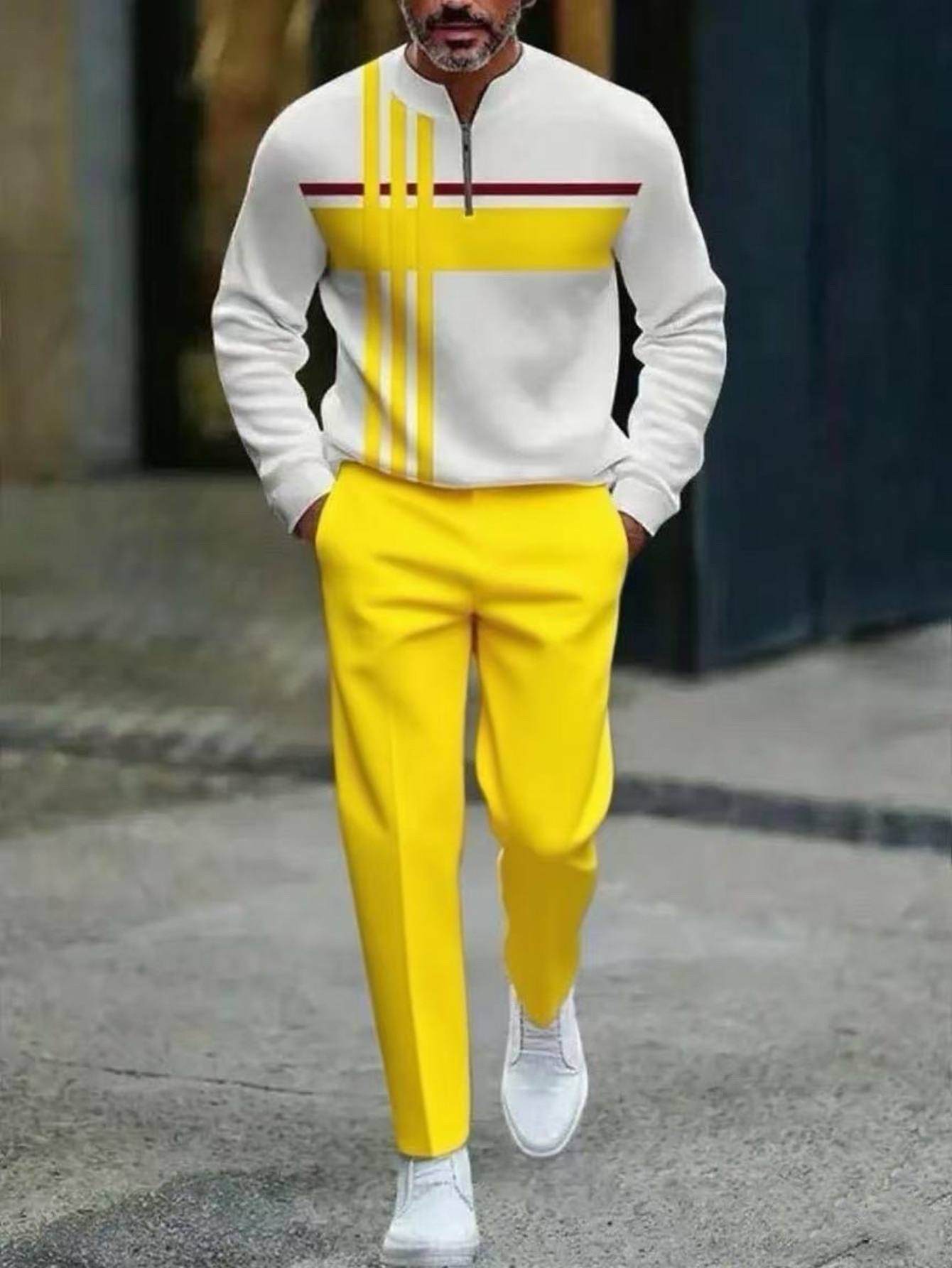 Conjunto de dos piezas casual Color Matching estampado Round-Neck Zipper de manga larga Trousers para hombre