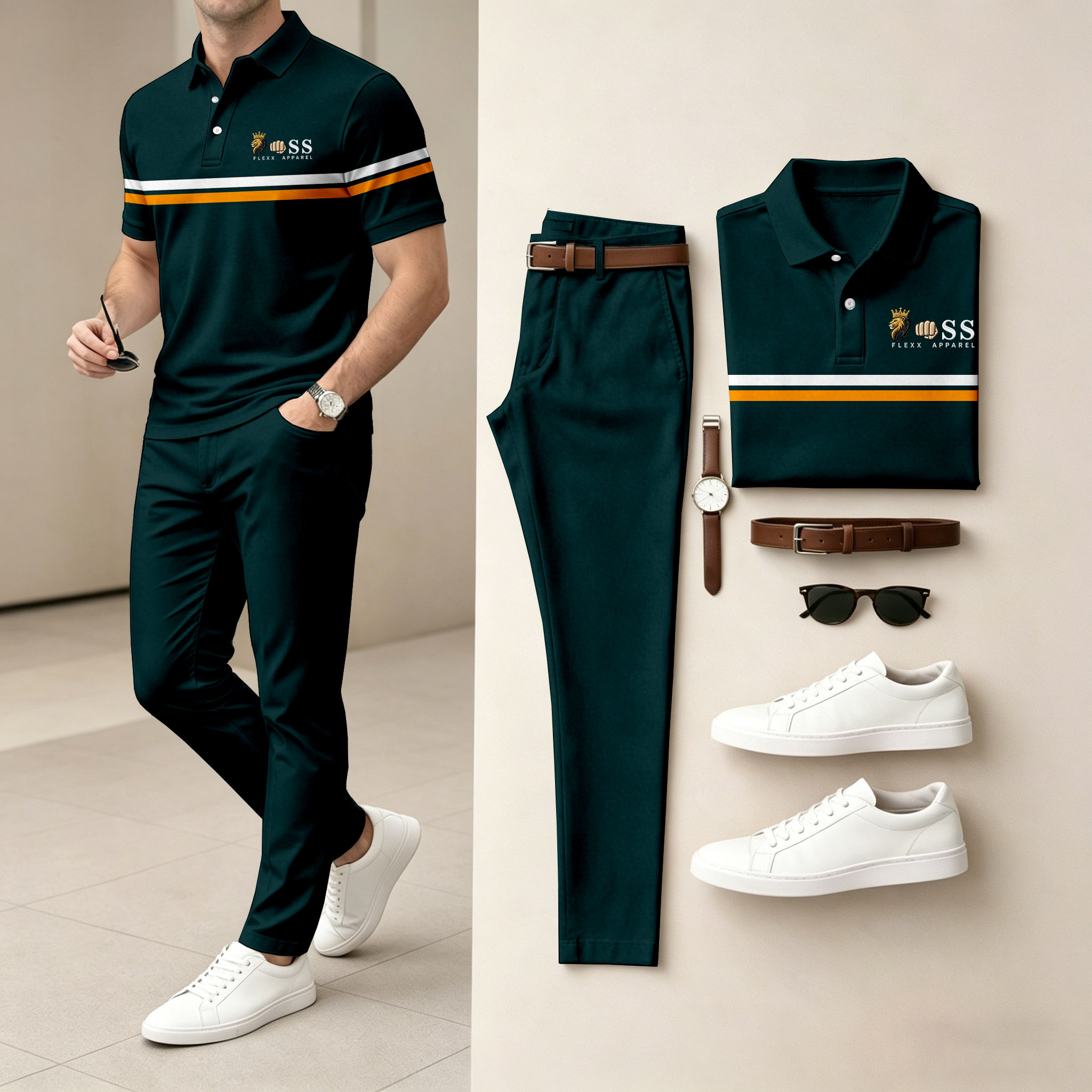 para hombre Dark Green de manga corta camisa polo and pantalón conjunto de dos piezas